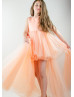 Peach Tulle High Low Floral Embellished Flower Girl Dress